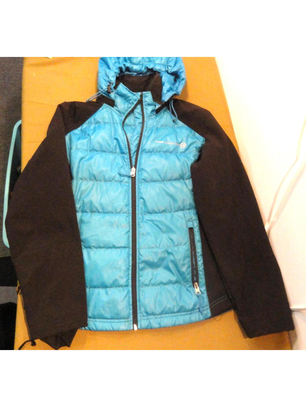DESIGNER FREE COUNTRY FULL ZIP HOODED TEAL & BLACK JACKET COAT SIZE LARGE